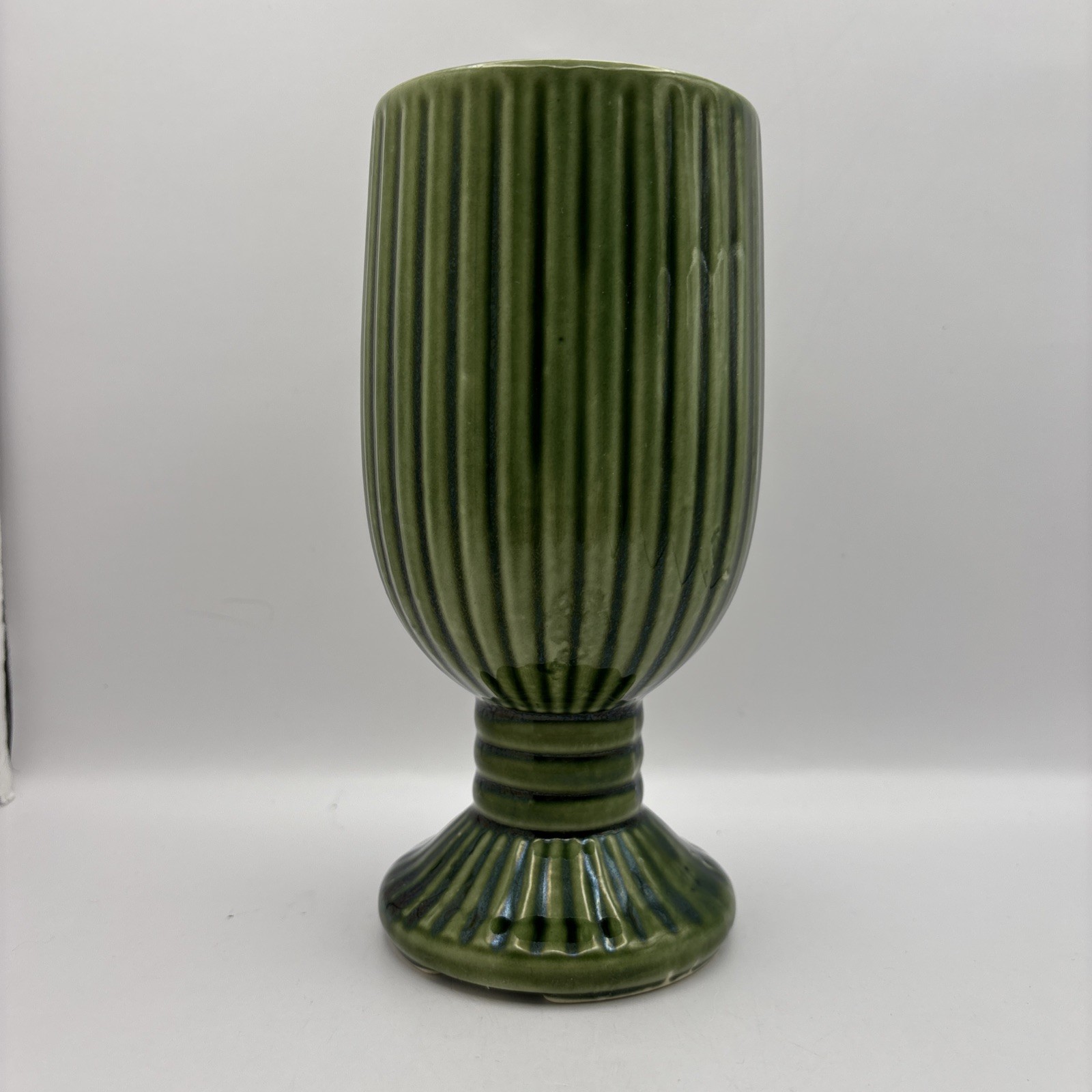 Mid Century Forest Green Chalice Shaped Vase 7.5 Inch