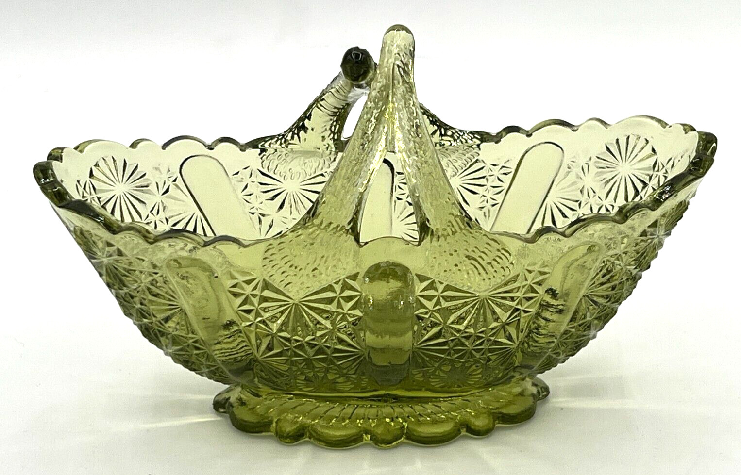Fenton Art Glass Colonial Green Glass Basket American Classic Twig Handle EUC