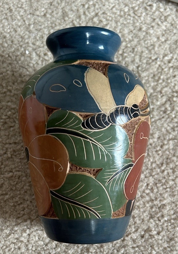 Vintage Nicaraguan Tropical Flower Ceramic Vase Teal/Green/Rust