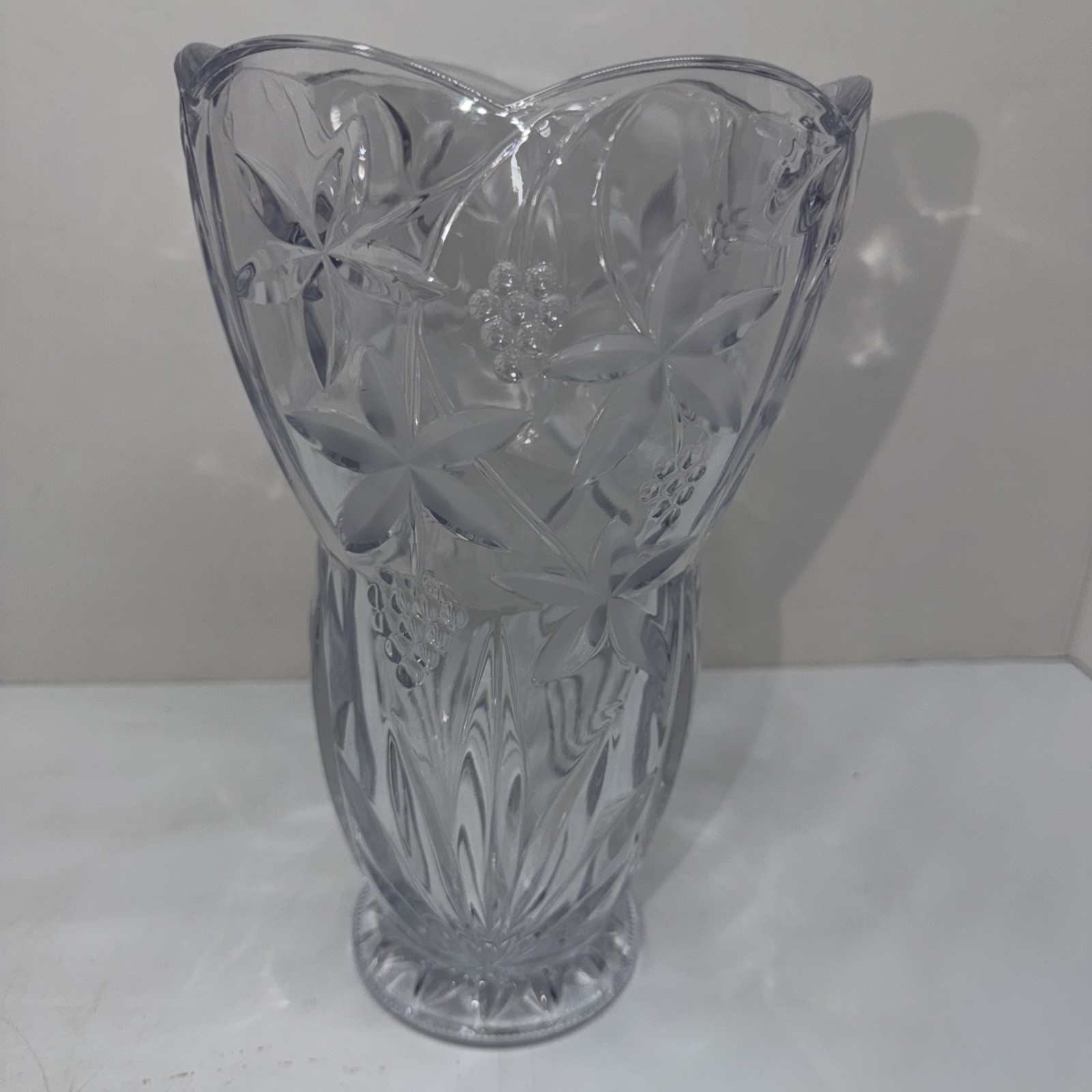 Vintage Glass Crystal Vase–Floral/Grape Design, Scalloped Rim, Heavy, 10.5” Tall