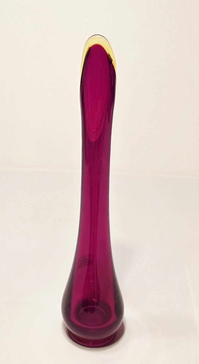 Vintage Viking Glass Red Amberina 1960’s 11″ Swung Bud Vase Cadmium GLOWS MCM