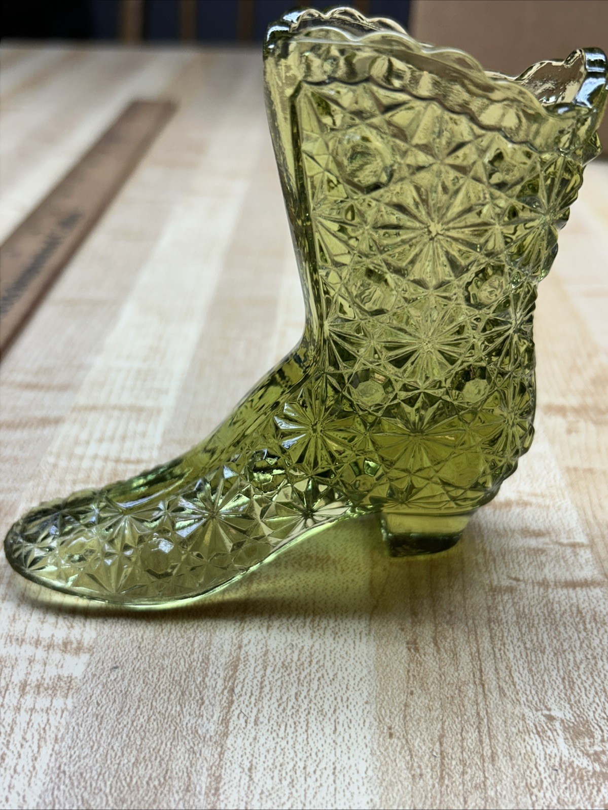 Fenton Colonial ~ Green ~ Daisy And Button Pattern ~ Leaf Shape Dish ~ and Boot