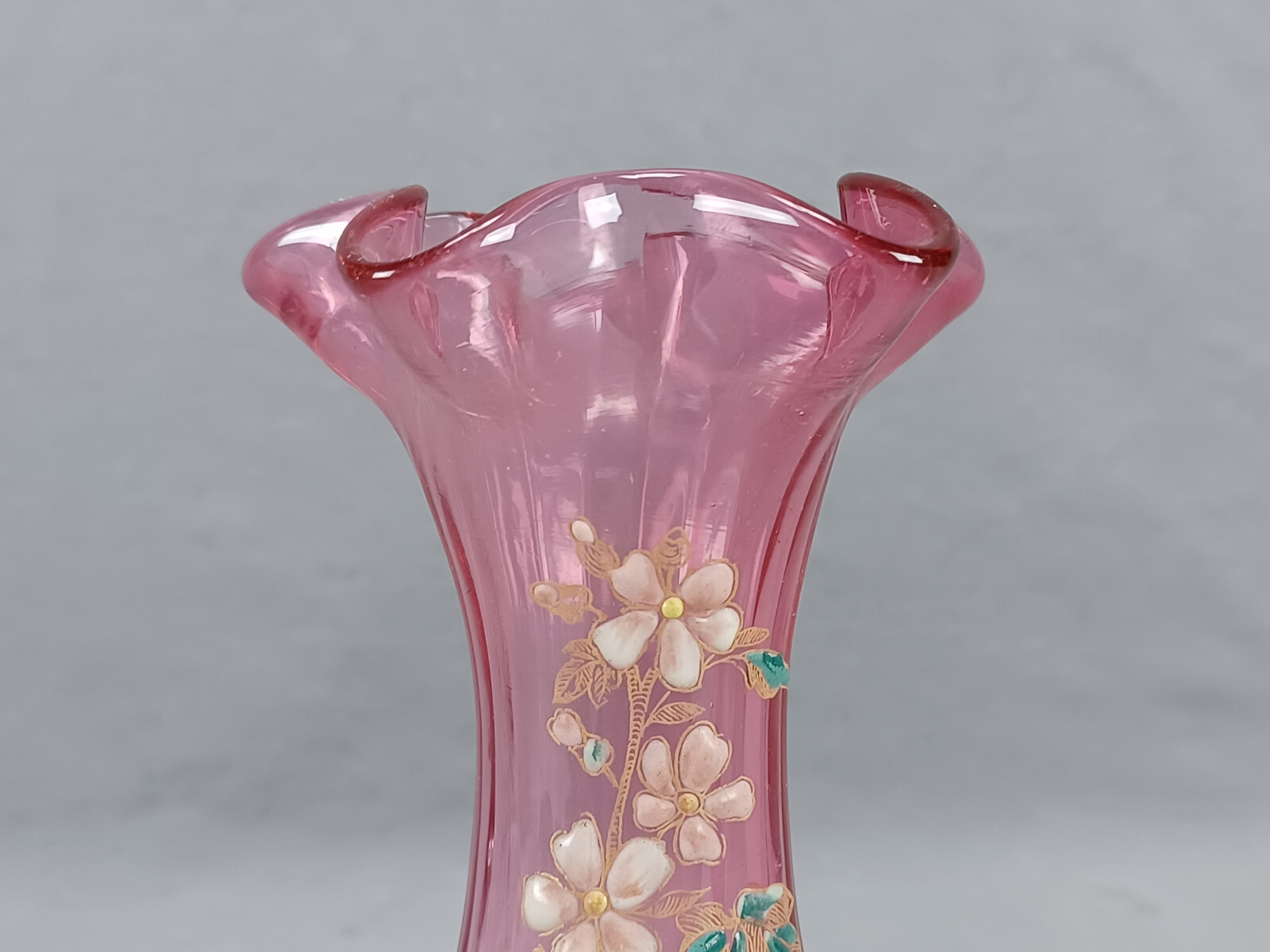 French Legras Hand Enameled Pink & White Floral Cranberry 6 1/4 Inch Vase