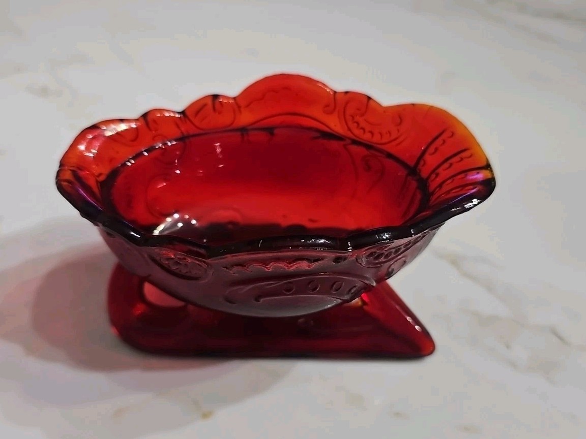 Mosser Ruby Red Santa Sleigh Candy Dish Christmas Holiday USA 5” Marked With M