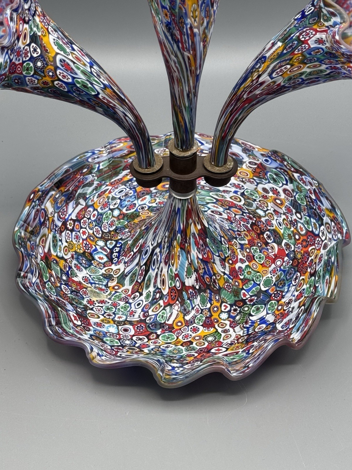 Murano Millefiori Epergne Art Glass 3 Horn Centerpiece Vase 1860 Cane 11.5”