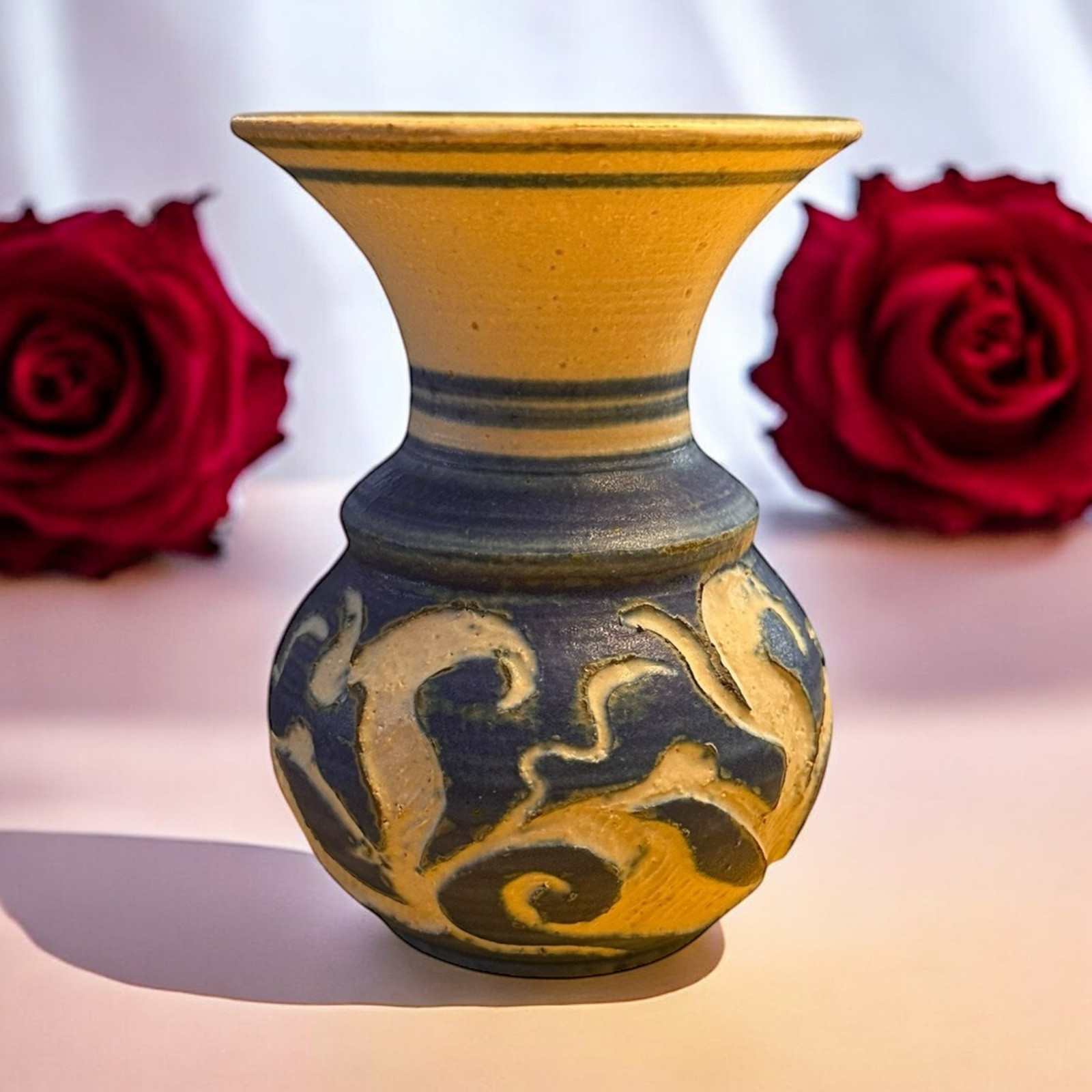 Art Pottery Vase In Blue & White 4.75” Hand Carved Painted & Signed Fabulous