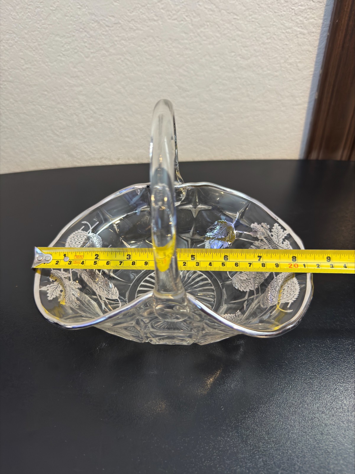 Vintage Cut Crystal Basket Silver Overlay Leaf Design Starburst Base Mid-Century