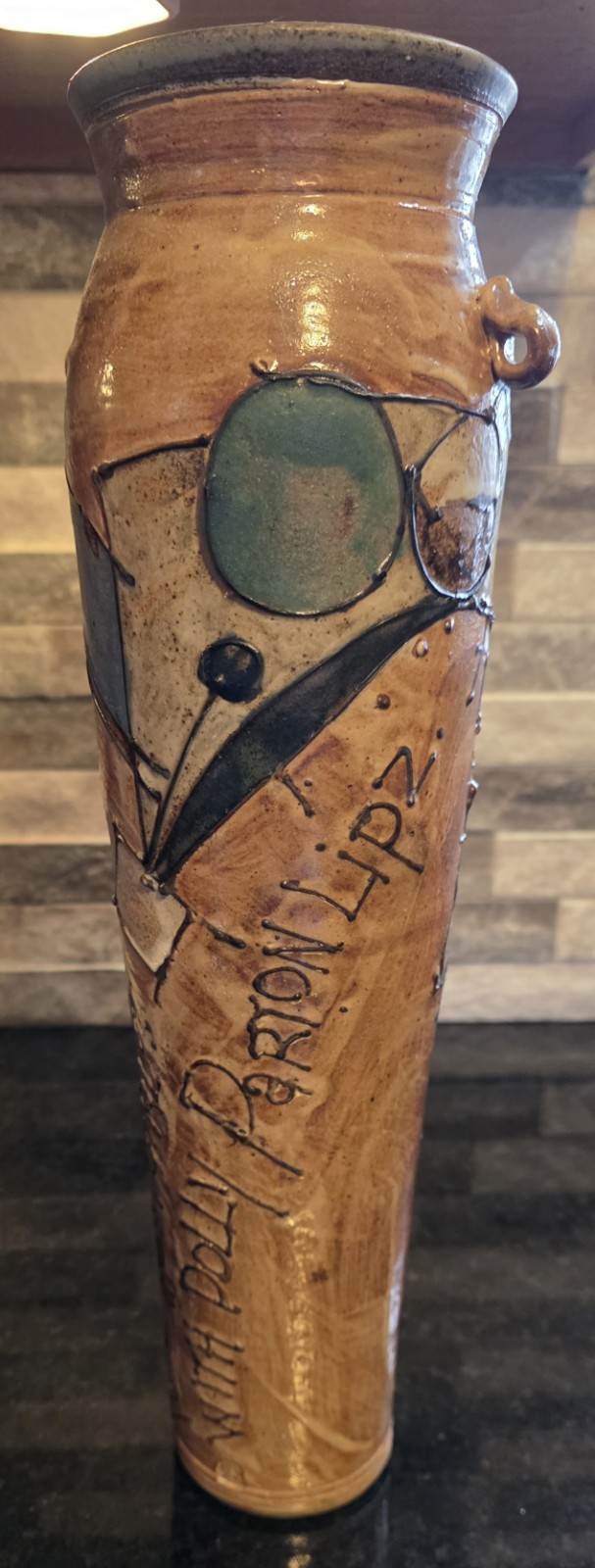 Hand Thrown Studio Art Pottery 16.5″ Vase – Brown Blue Tan Glaze One of A Kind