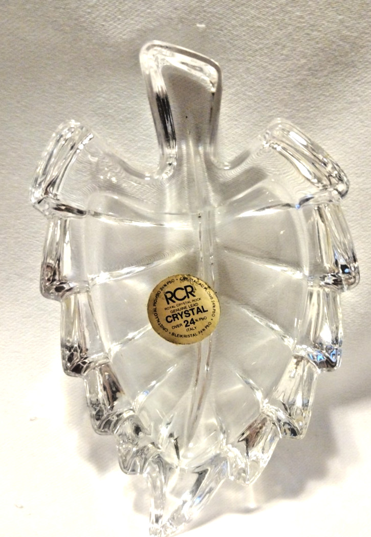 Vintage RCR Royal Crystal Rock Trinket Dish Leaf Shaped 24% Lead Italy Bw