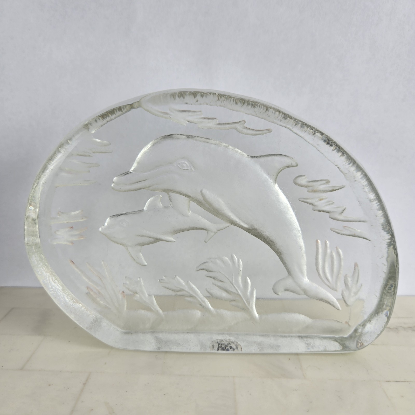 Etched Crystal Dolphin Paperweight: Royal Sarmis Handmade Romania