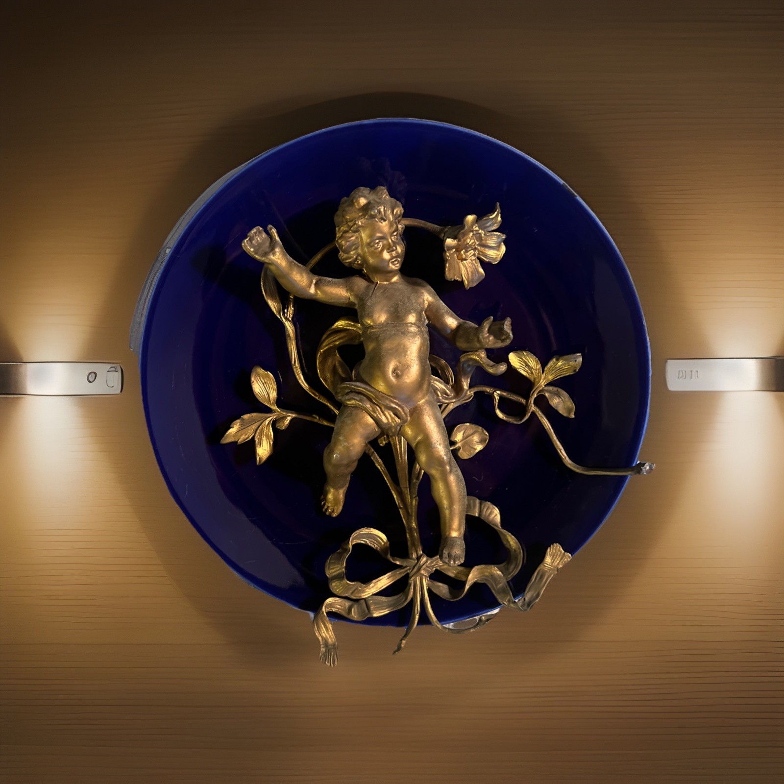 Antique 1920s French Cobalt Blue Ceramic Plate Mounted Bronze Cherub&Floral Band