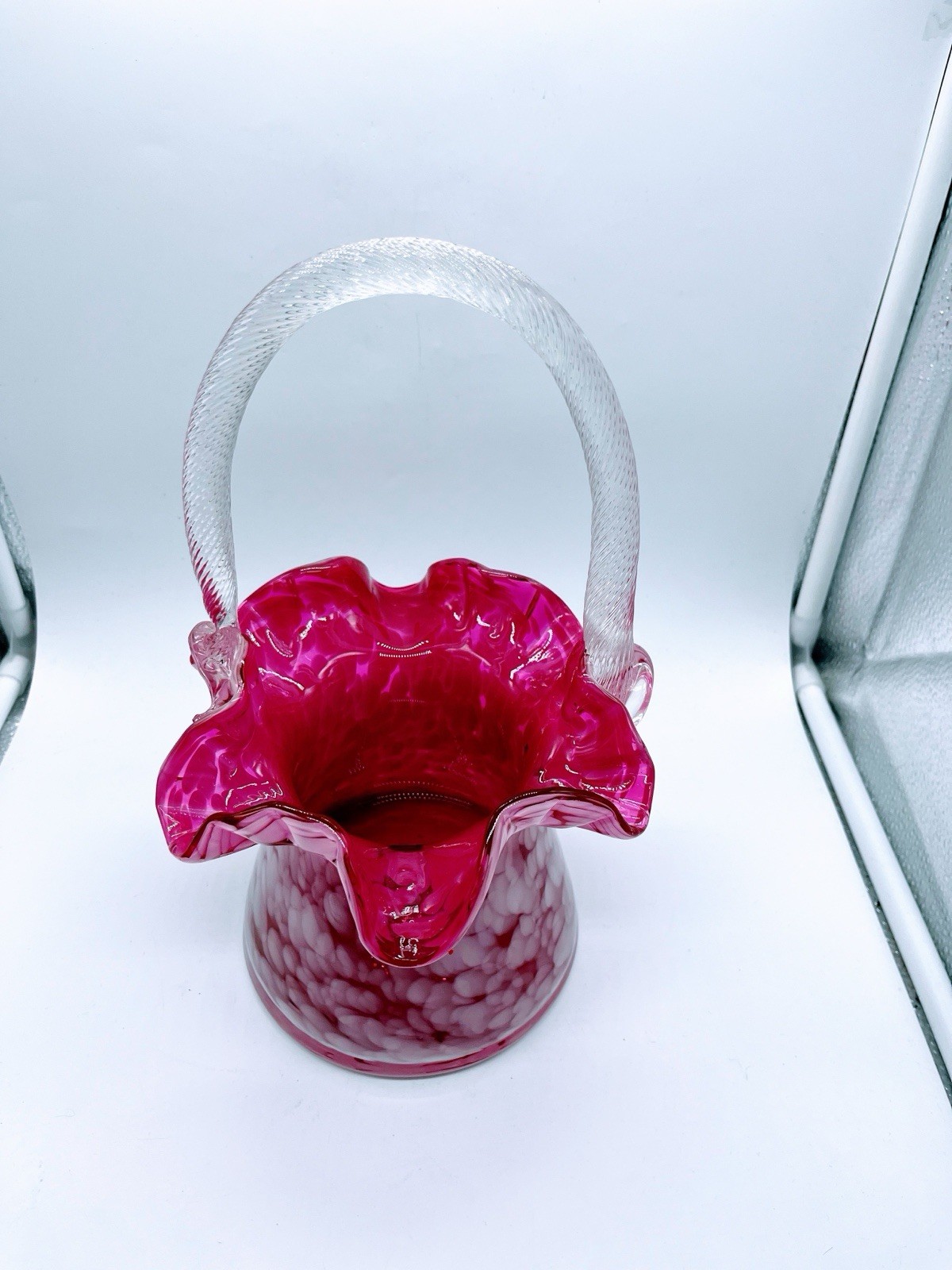 Pink Ruffled Art Glass Spotted Basket