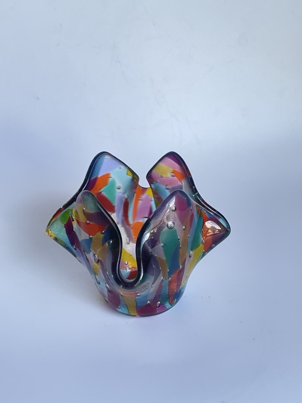 Vintage Art Glass Handkerchief Vase Fused Bubble Multi-colored Candle Votive