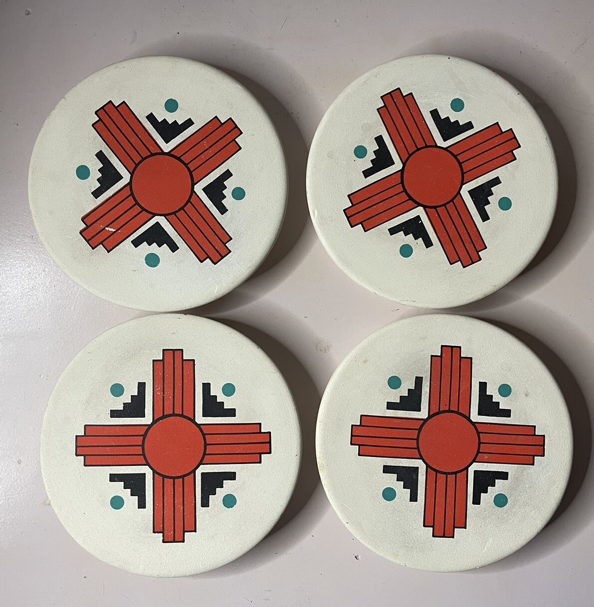 VTG Southwestern Tribal Pottery Coaster Set of 4 White, Orange, Turquoise, Rare