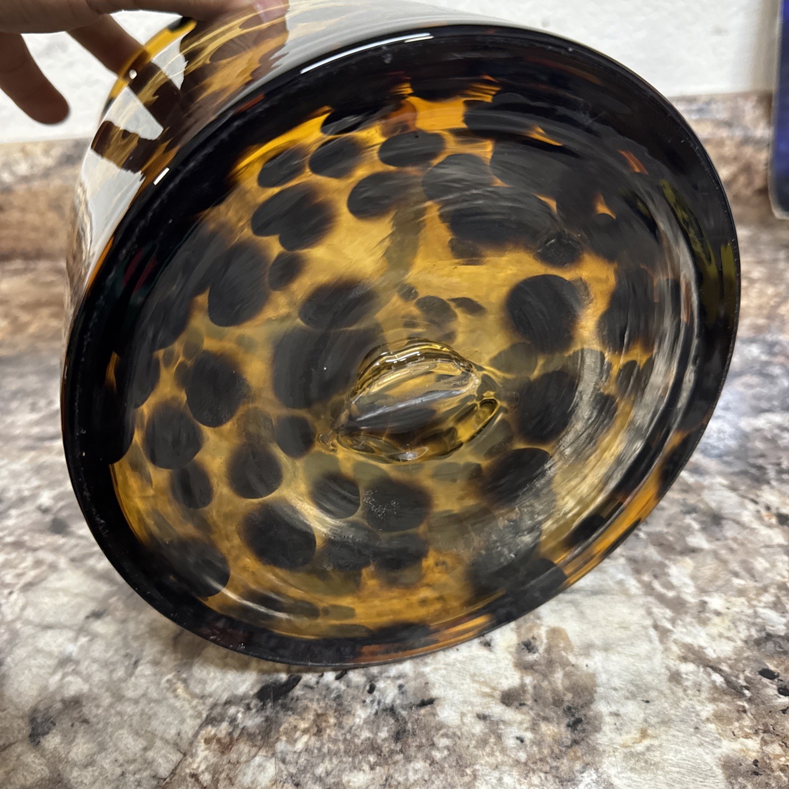 Vintage Amber Tortoise Spotted Art Glass Vase – Hand-Blown MCM Round Topper 12.5