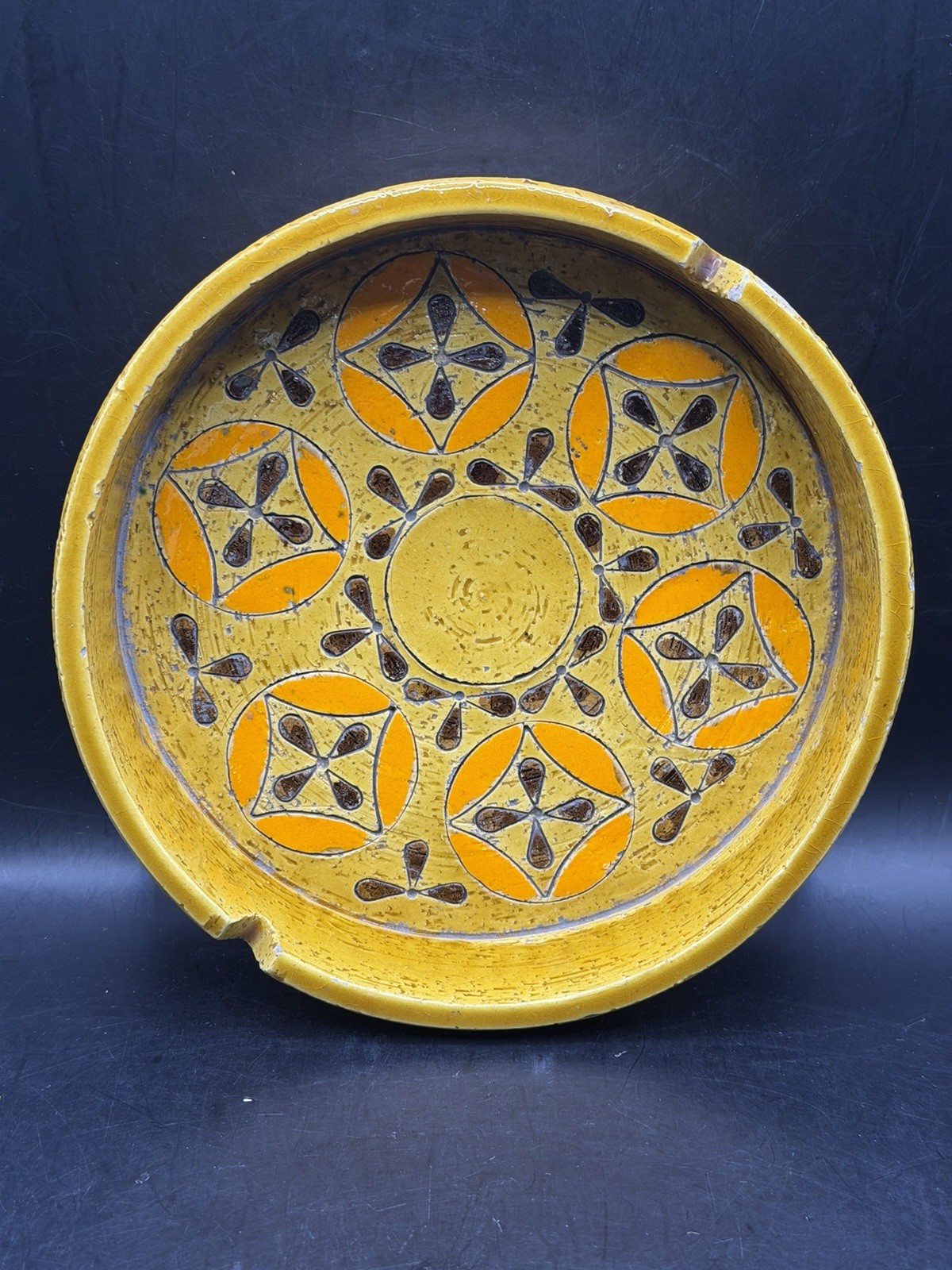 VTG RARE 1960’s MCM Bitossi Ashtray Mustard Yellow Orange Geometric Pattern 8″