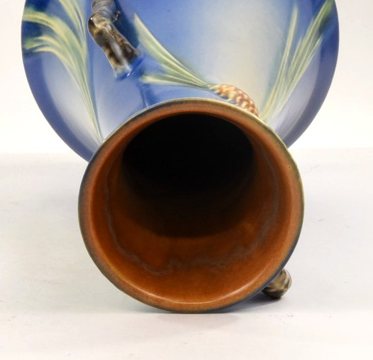 Roseville Pottery Blue Pine Cone Handled Vase, Shape 712-12″