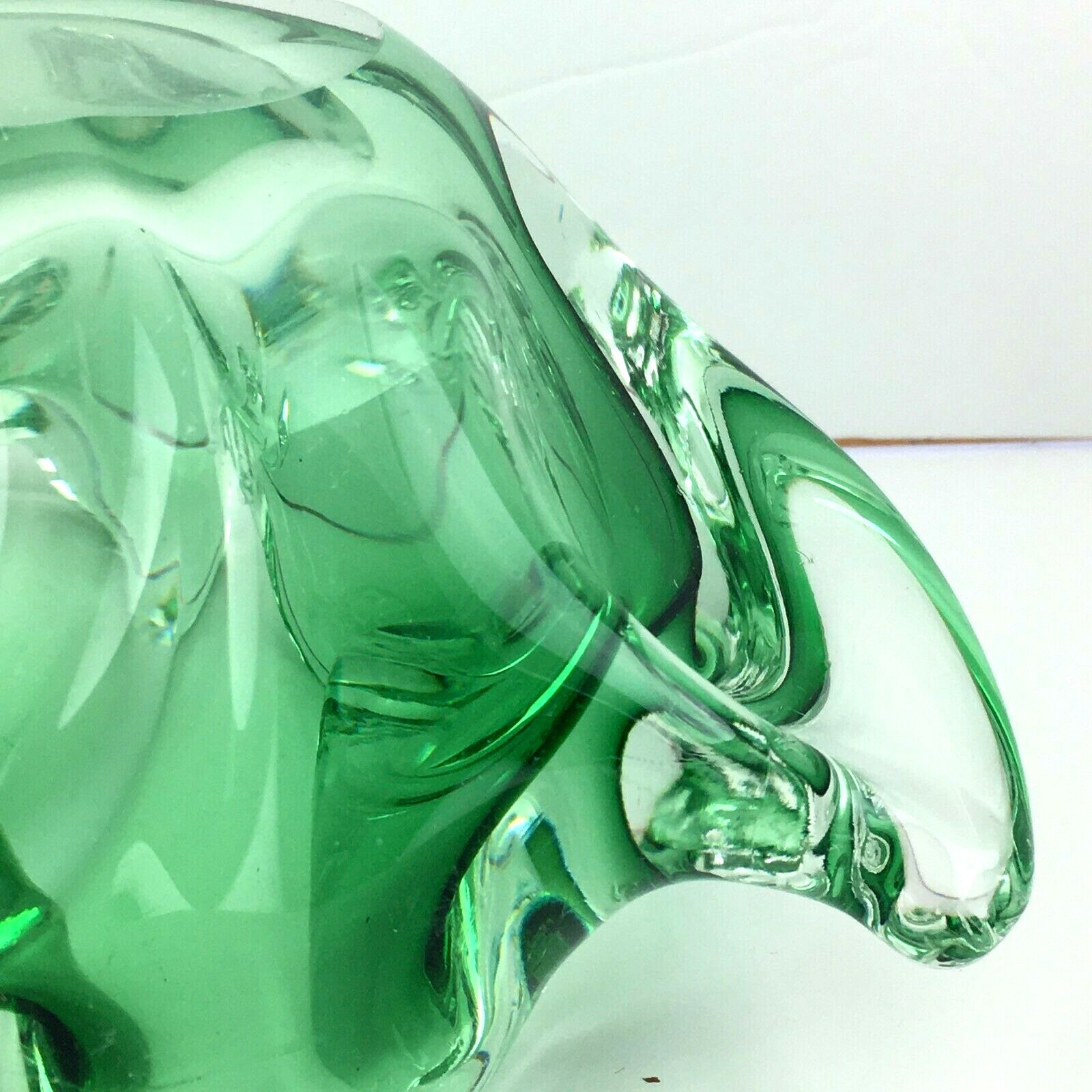 Art Glass Green Candy Dish Windmill Shape Clear Wings Trinket Dish Heavy MCM