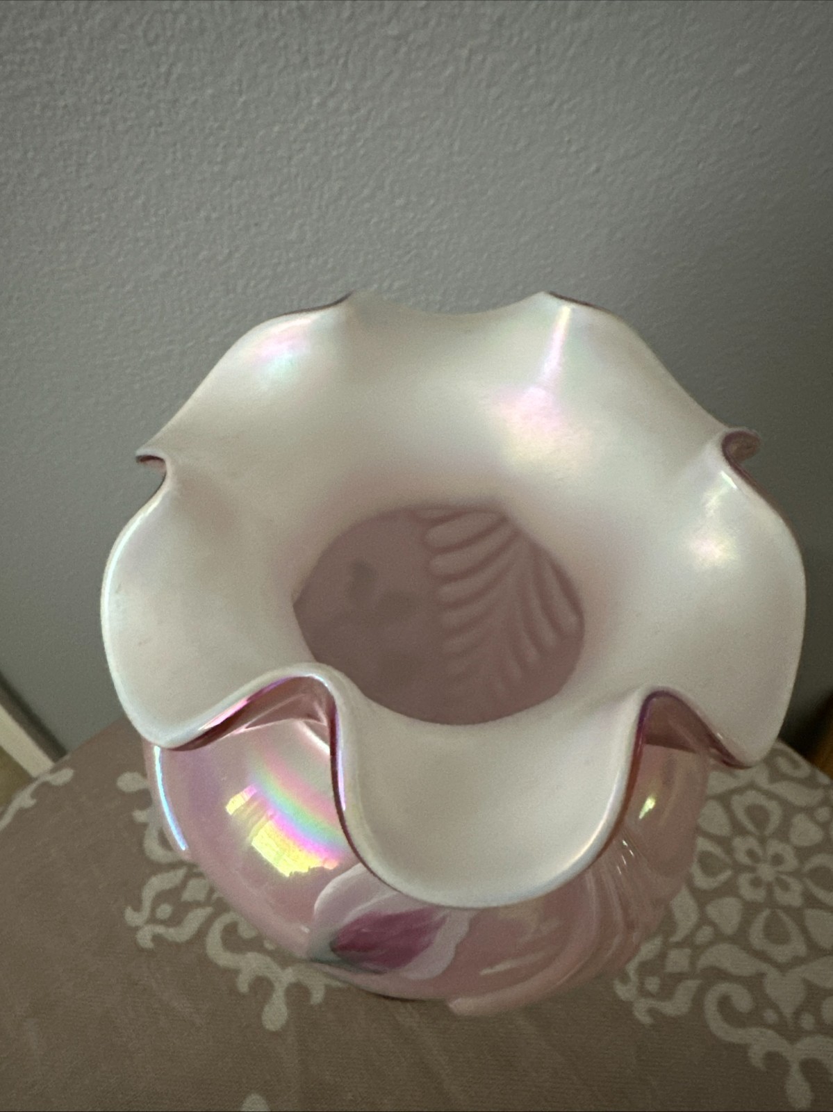 Fenton Pink Dusty Rose Iridescent Glass Feather Hand Painted Vase 11”