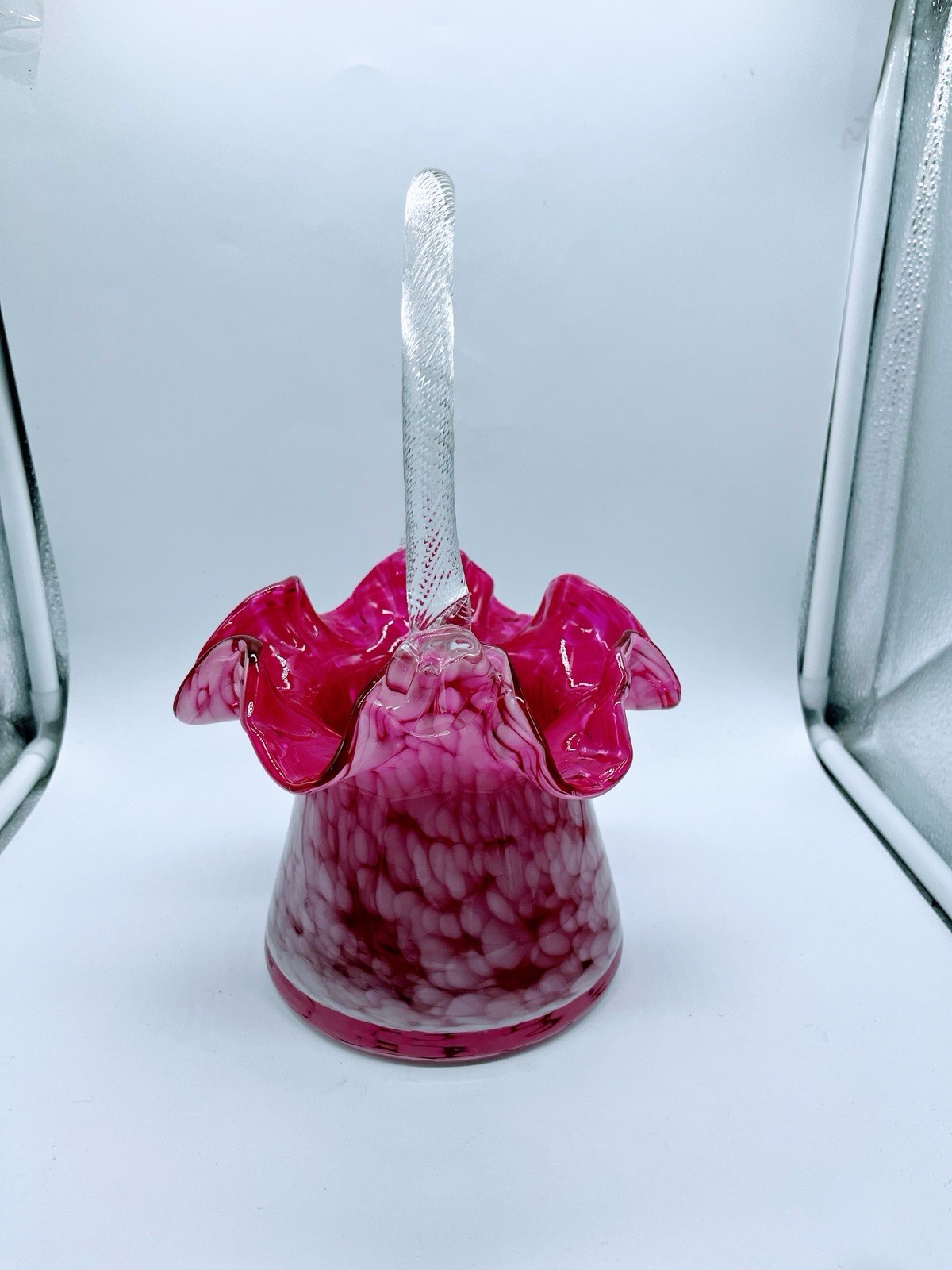 Pink Ruffled Art Glass Spotted Basket
