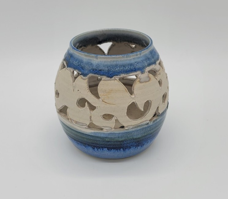 Blue Studio Art Pottery Carved Stoneware Lantern Luminary Vase CandleHolder Judy
