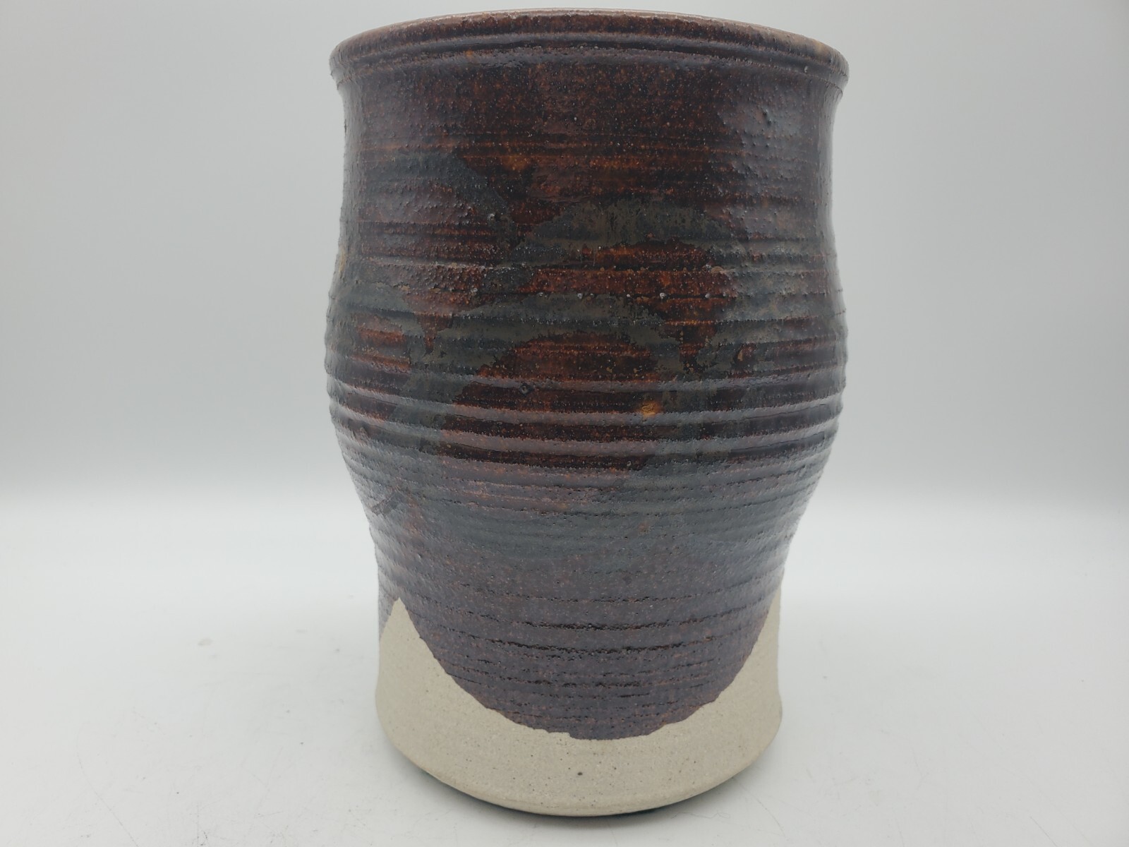 Vintage Studio Art Pottery 7″ Planter, Coiled Stoneware Brown Drip Glaze