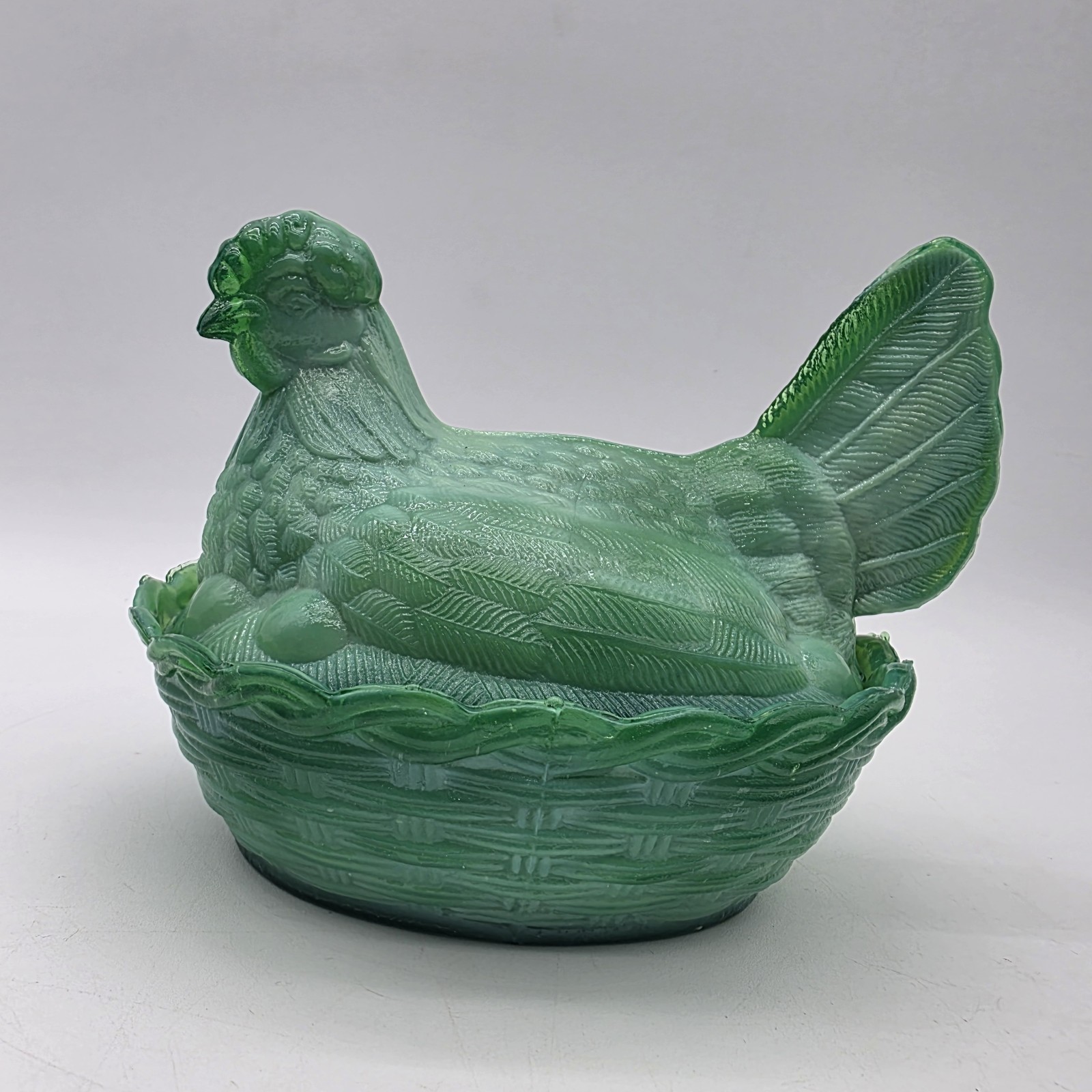 Green Slag Glass Hen on a Basket Covered Candy Dish 6″