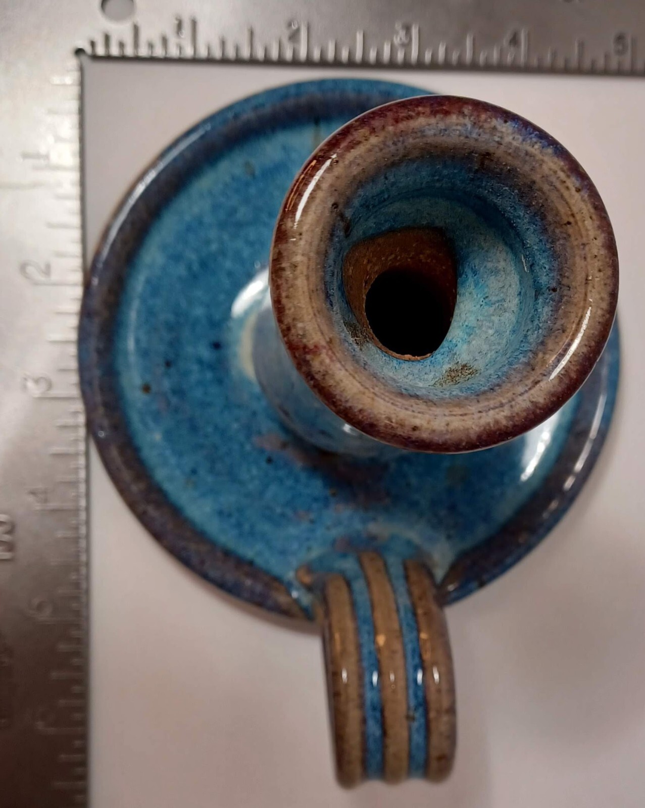 OA Signed Ceramic Clay Candleholder Gallery Studio Fine Art Blue Drip Glaze