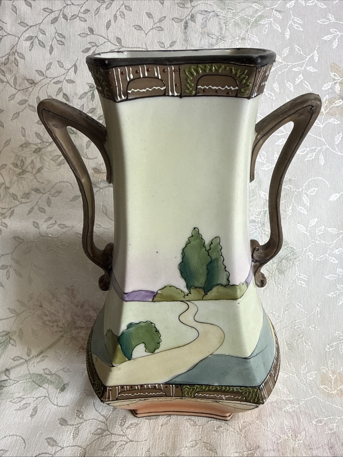 Antique Hand Painted Nippon Scenic Woodland Vase Double Handles Raised Enamel.