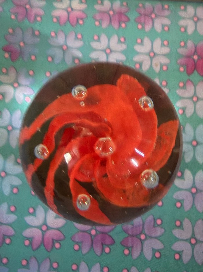 Vintage art glass paperweight Murano Style Orange Flower Encapsulated Sphere