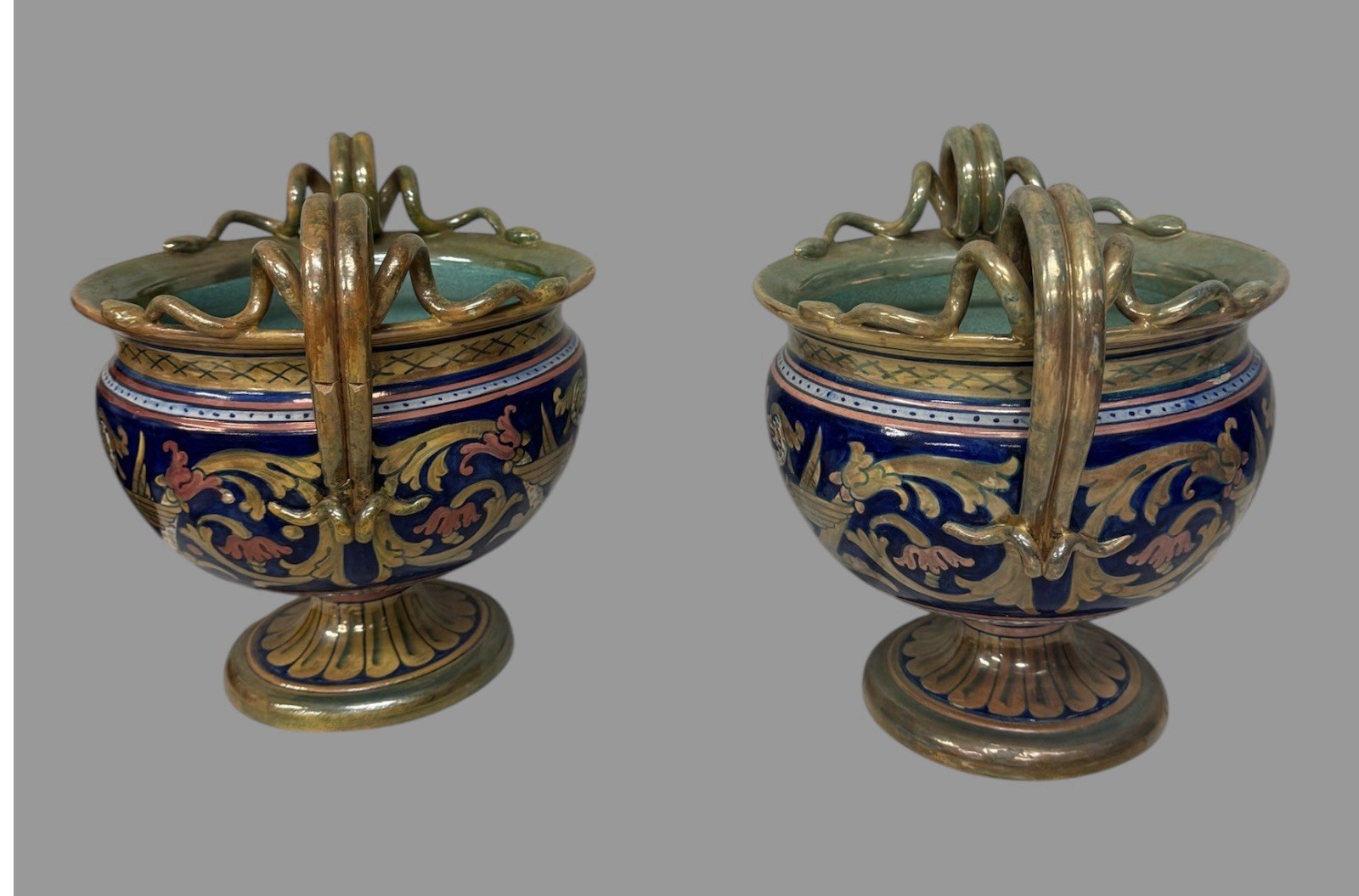 Pair of Antique Italian Dragon Decorated Faience Vases w Figural Snake Handles