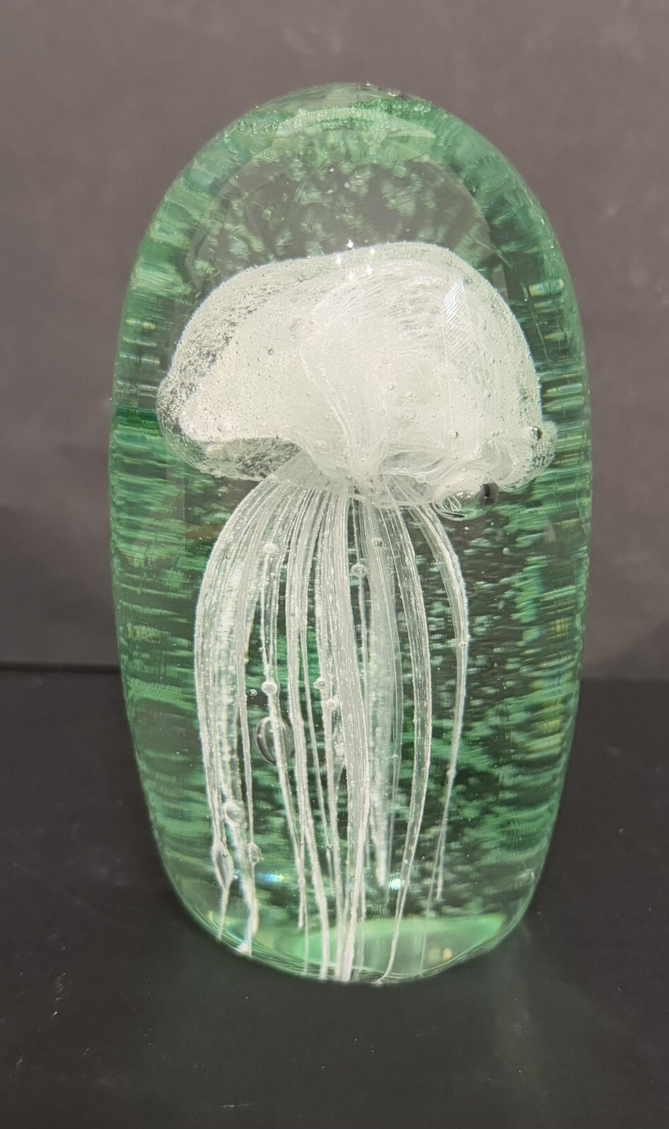 Jellyfish Paperweight Glass Blown Unmarked 4.5” T Green Glows in Dark