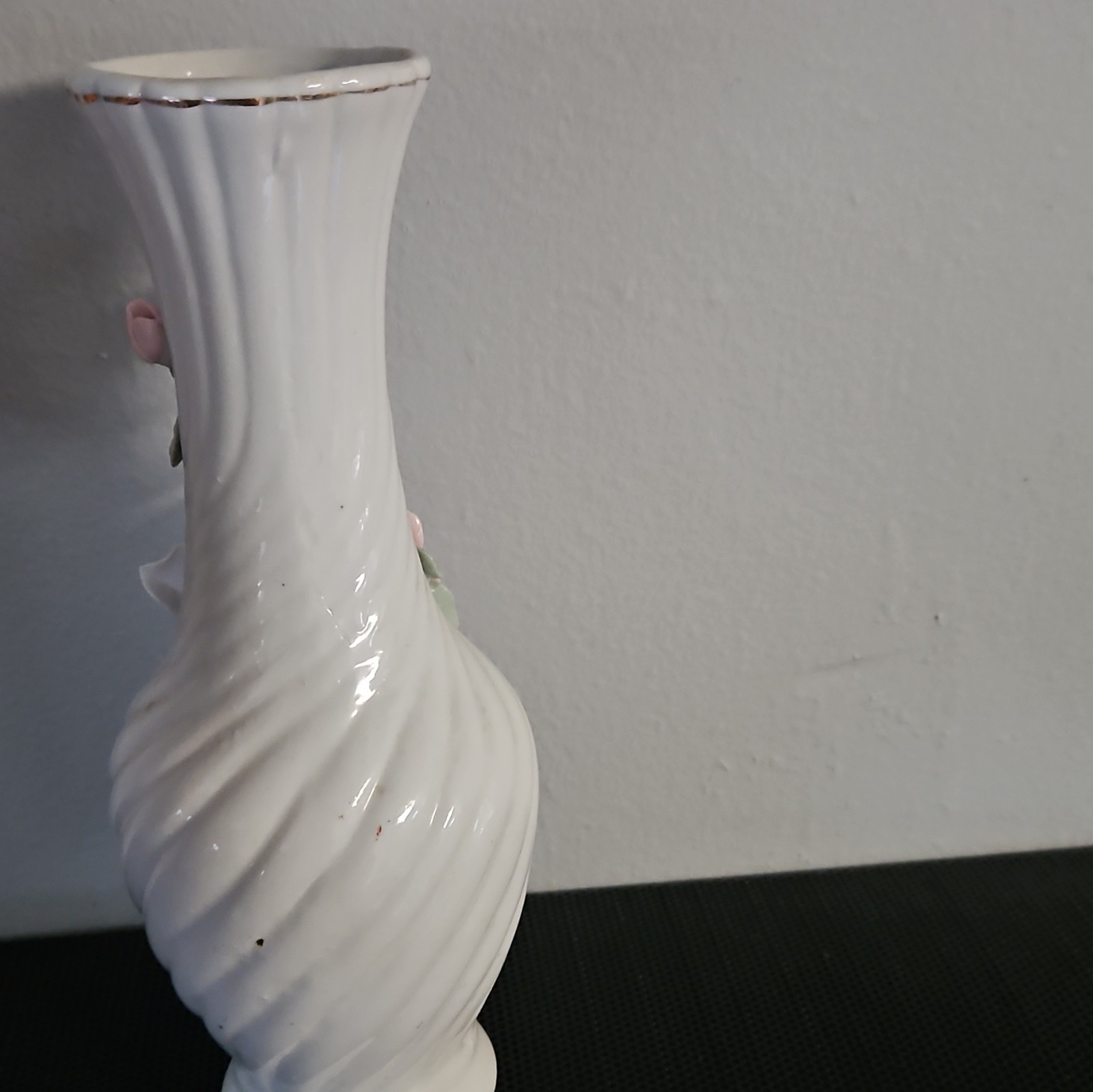 Vintage Pink Floral Vase Applied Flowers Glossy Decorative China