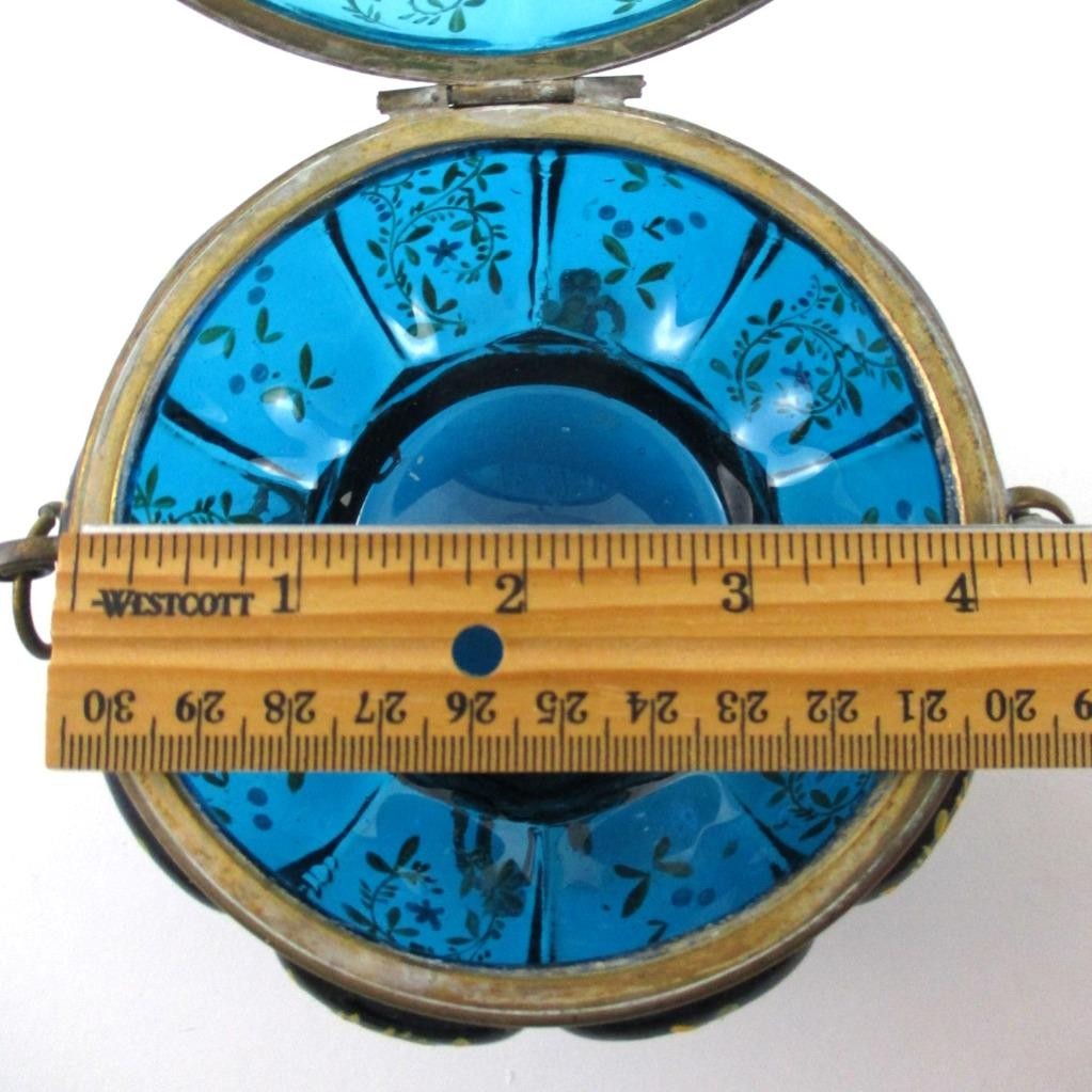 Antique JEWELRY Box – Sapphire BLUE art glass hp Enamel, brass feet – BOHEMIAN