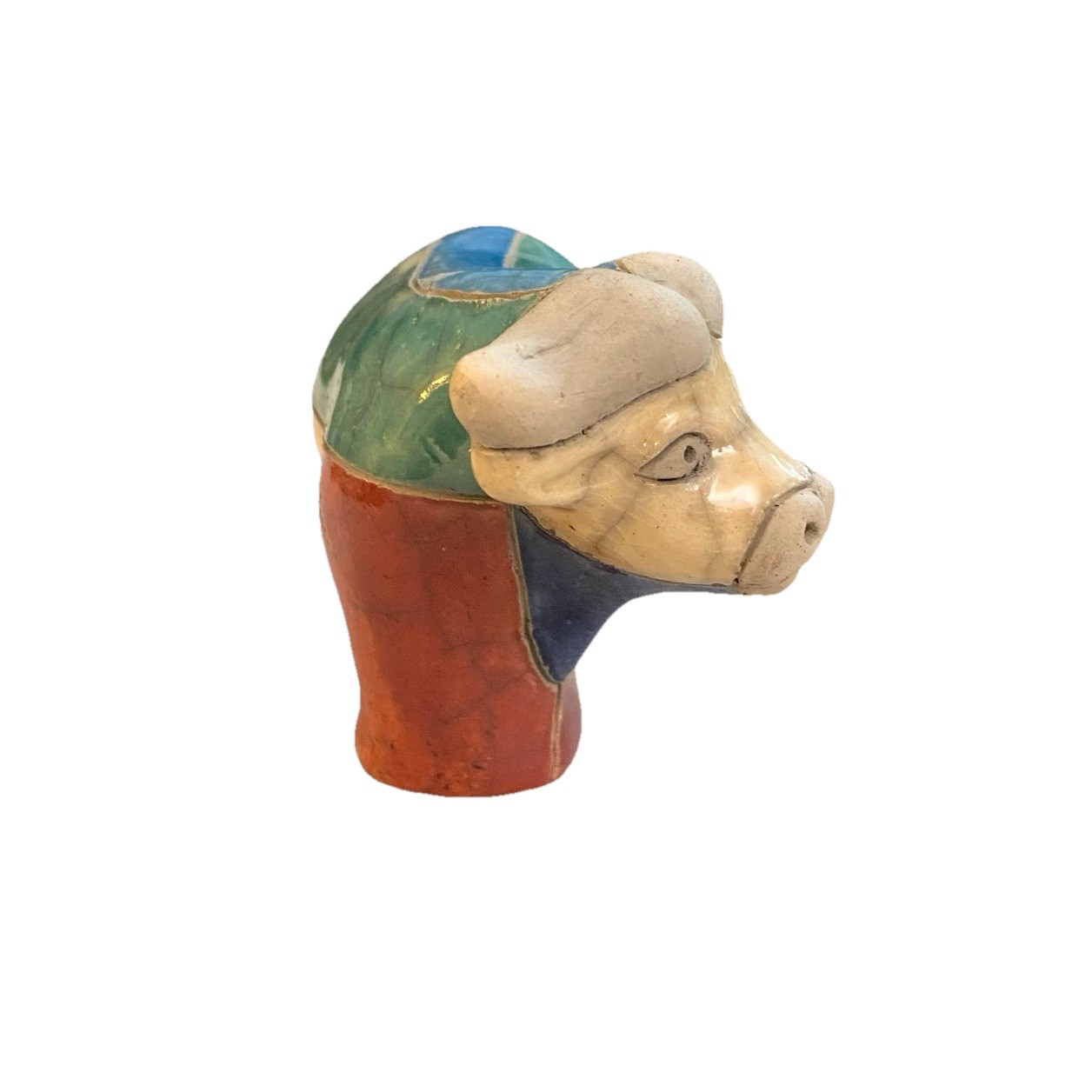 South Africa Art Pottery Raku Mini Blue Stripe Buffalo 4” Animal Handmade Signed