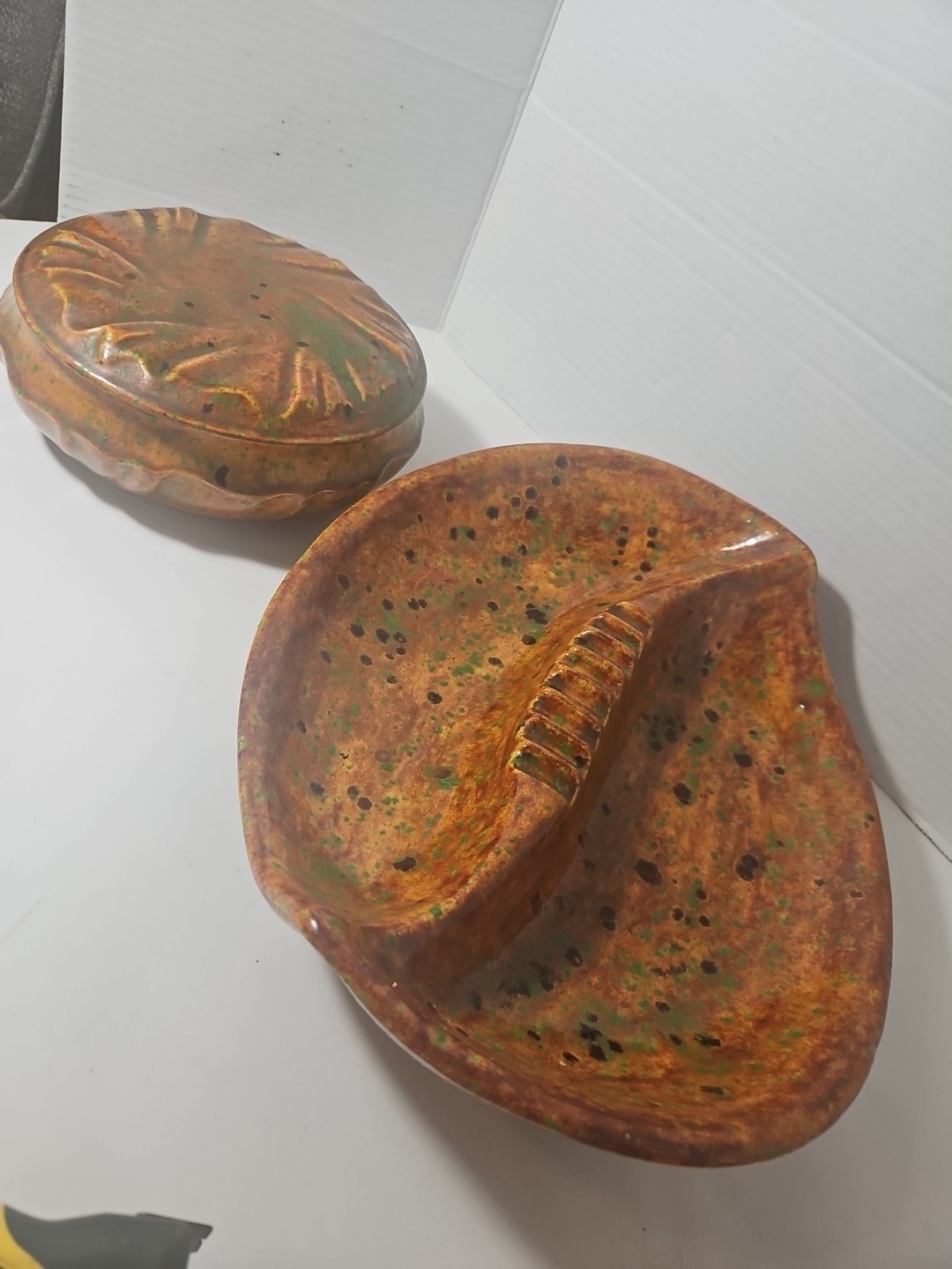Dated 1969 Studio Pottery Set Ashtray Trinket Box Signed MCM Brutalist Snuff Dot