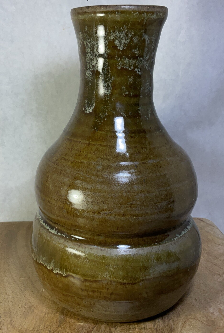 Vintage 9 1/4”H Brown/Green Pottery Vase- Marked Hand Painted