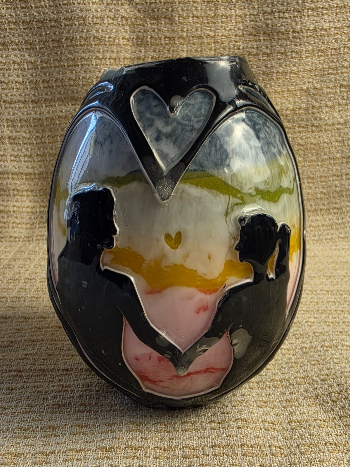 Black Glossy Studio Pottery w/ candle Carved Pride LGBTQ Heart Handmade