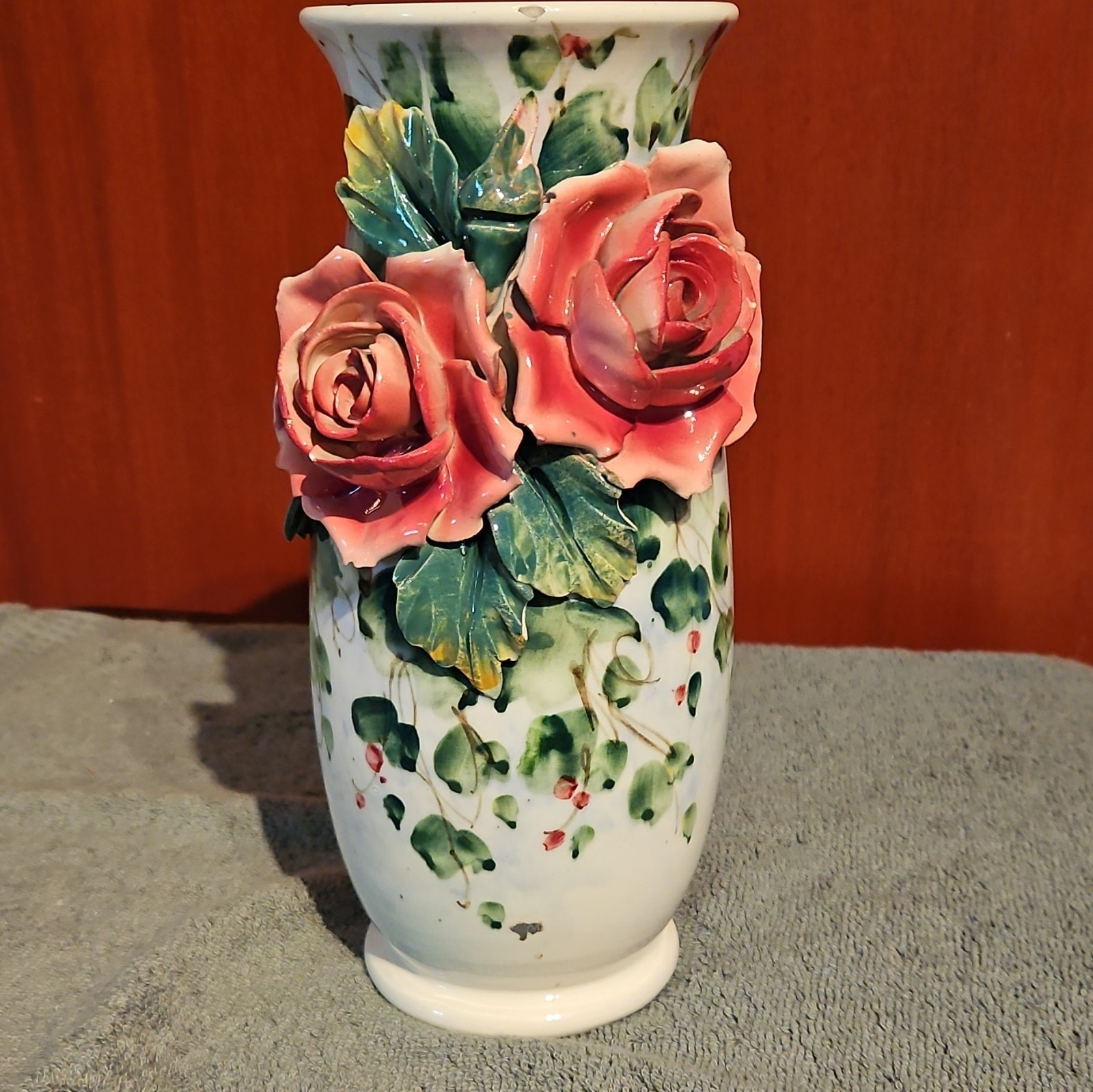 Vintage ~ Italian Vase Pink Rose Art porcelain/ceramic 10″ tall