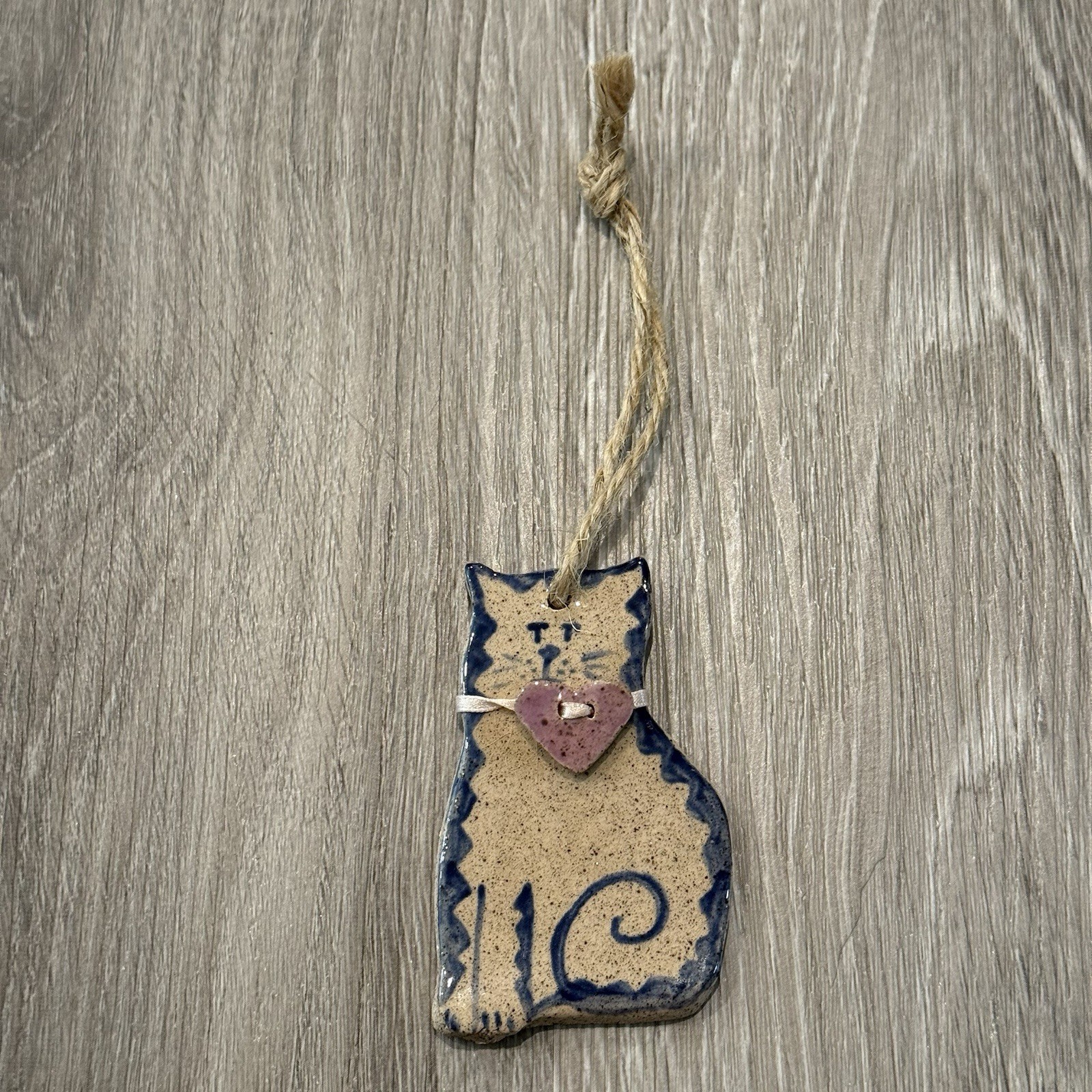 Vintage Cat Glazed Art Pottery Signed Handmade Elegant Ornament w/ Heart Collar