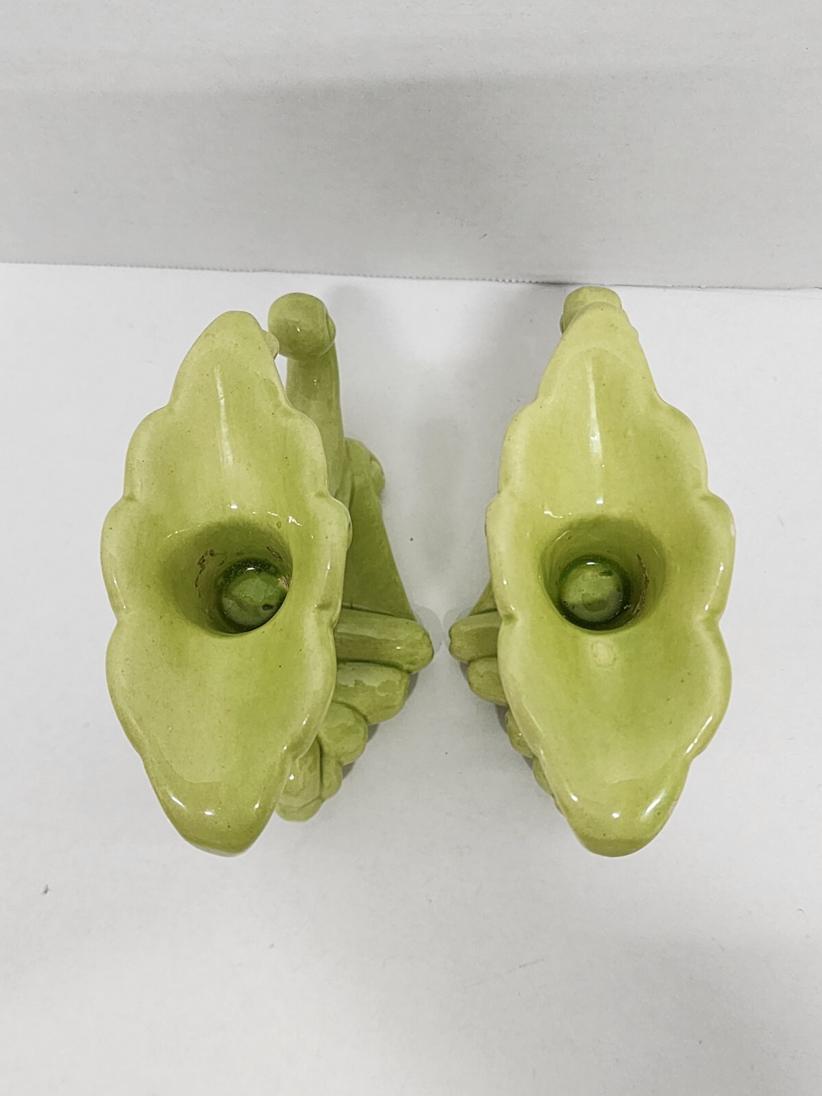 Royal Haeger Cornucopia Light Green Tapered Candle Holder Lot OF 2 Vintage 5″