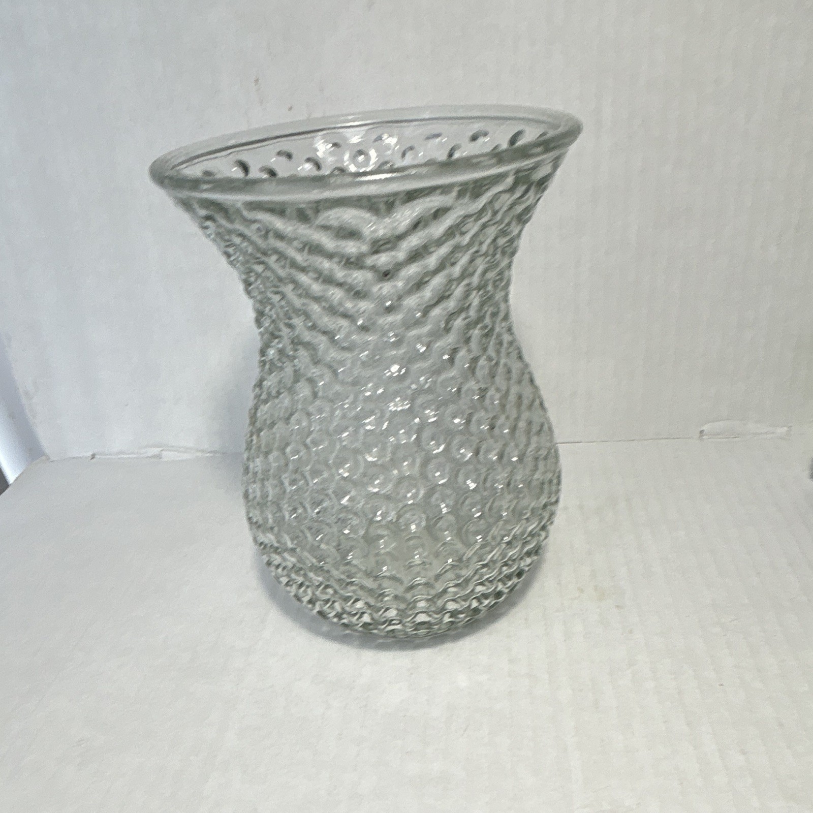 Clear Textured Hobnail Glass Vase Flared Rim Abstract Theme 7 in Tall