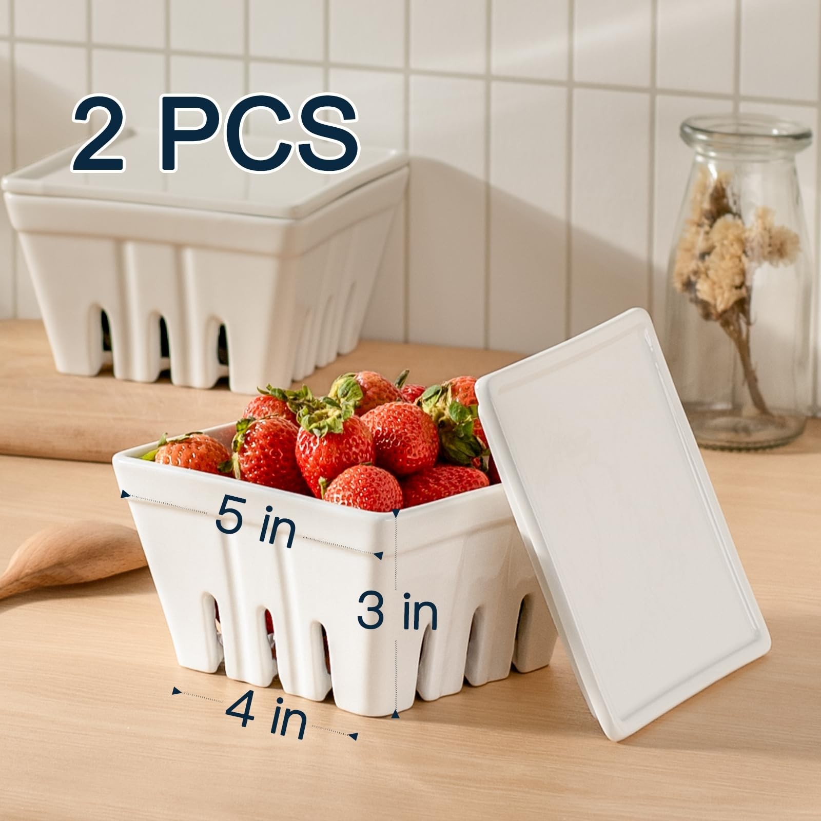 Ceramic Berry Basket Set of 2 with Lids, 5-Inch Fruit Bowls for Strawberries, Gr