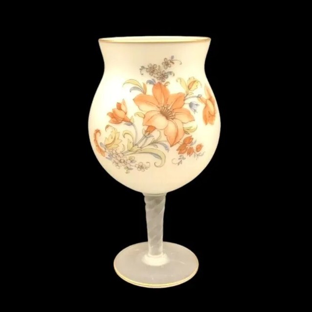 Hand Painted Candle Holder White Satin Glass Gold Trim Stemmed By Norleans Italy