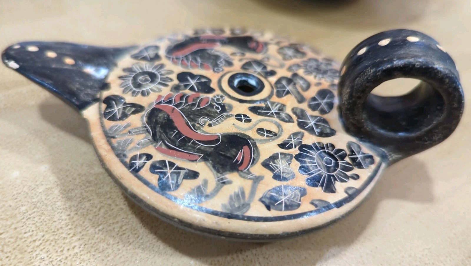 Vintage Mexican Pottery Greek Corinthian Museum Reproduction 600 BC Oil Lamp