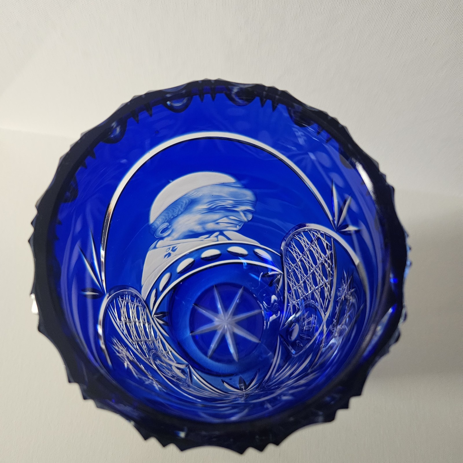 Cobalt Blue Cut To Clear Glass Vase Pope John Paul Bohemian Style 9.75″