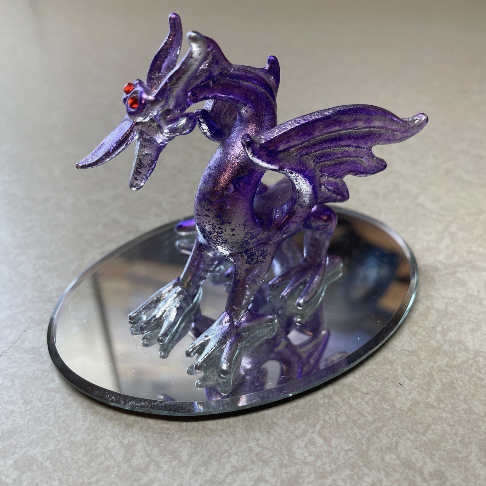 Dragon on round 4” mirror base hand blown glass purple figurine fantasy 3” Tall