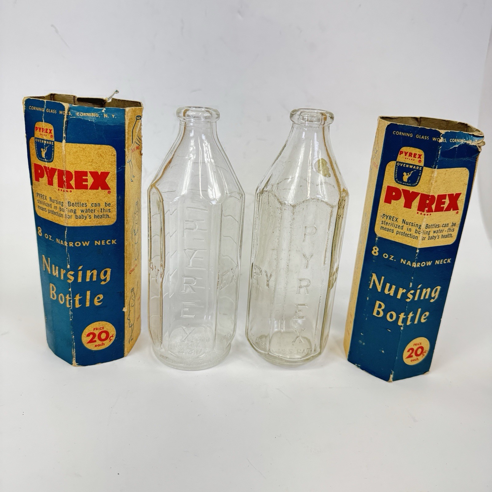 2 Corning PYREX 8 OZ. Narrow Neck Glass NURSING BOTTLE w/ Sleeve Packaging Vtg