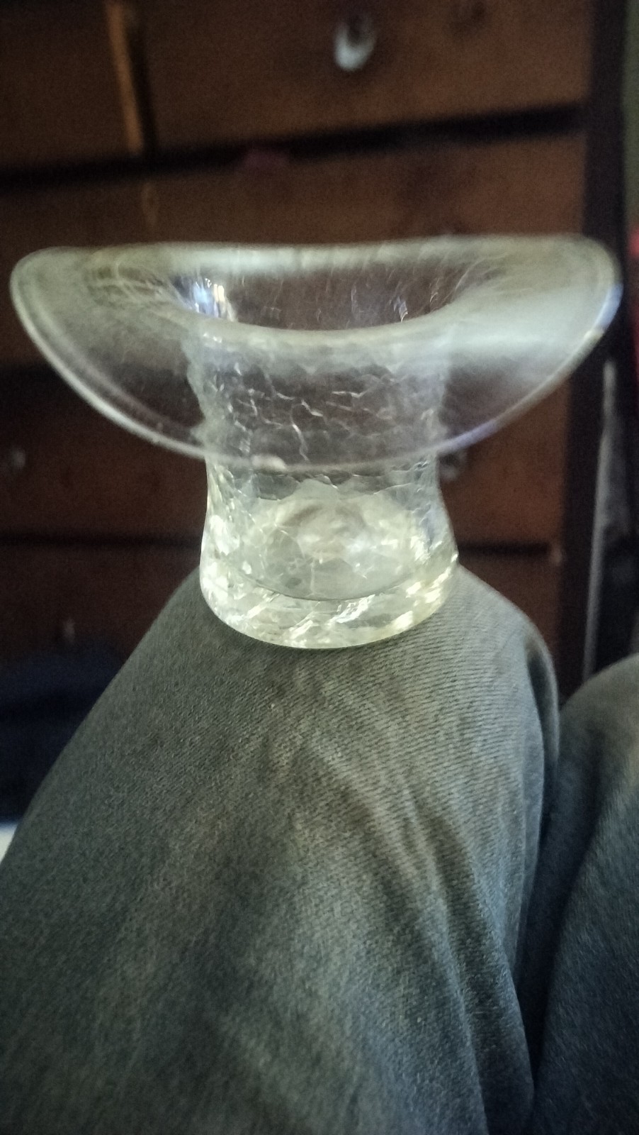 Pontiled Hand Blown Crackle Glass Hat Toothpick Holder Vase Sky Blue 2.5 inches