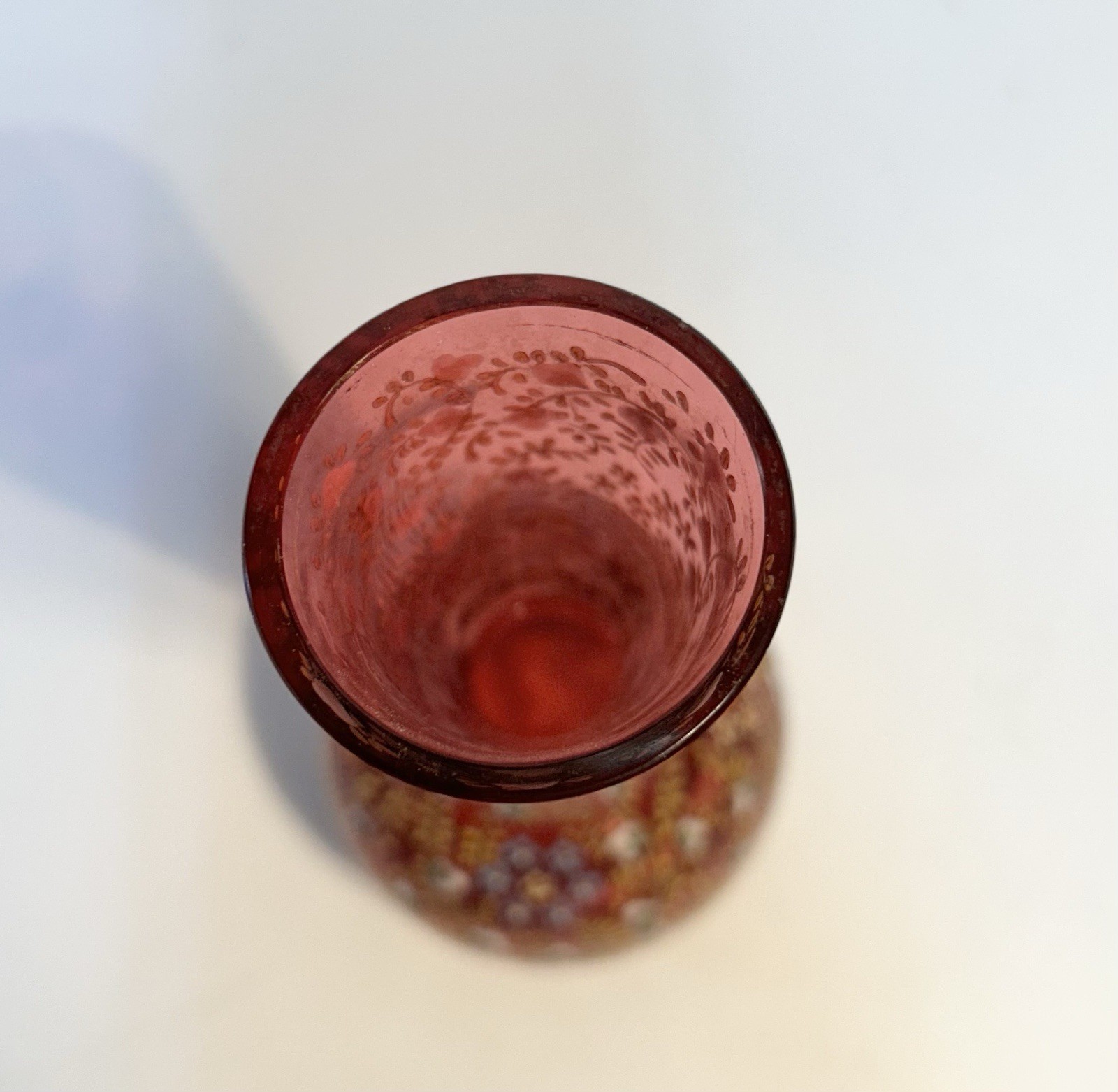 Antique Bohemian Cranberry Glass Vase Gilt Enamel Floral Moser Style c1880